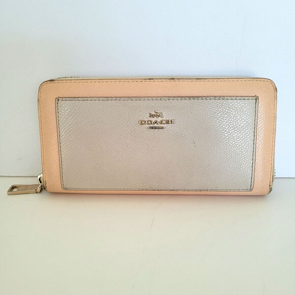 Coach Long Stripe Accordion Zip Around Light Pink White Crossgrain Leather Fair - Picture 1 of 12